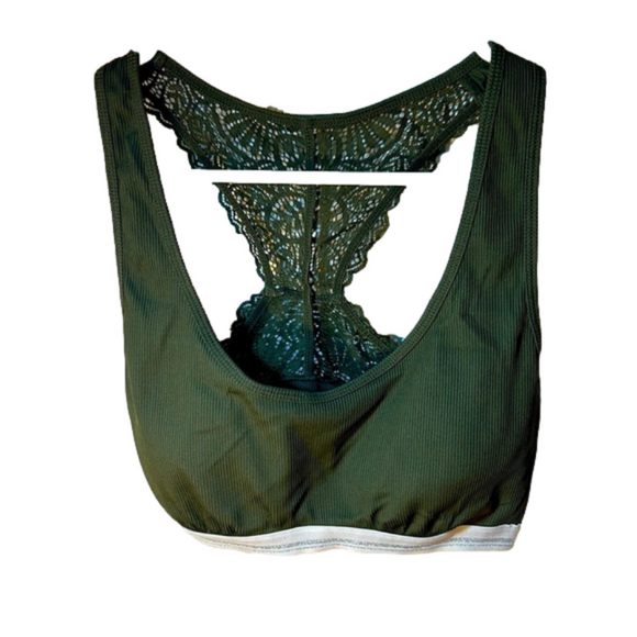 Xhilaration Army Green Ribbed Lace Racerback Bralette Small - Picture 2 of 5
